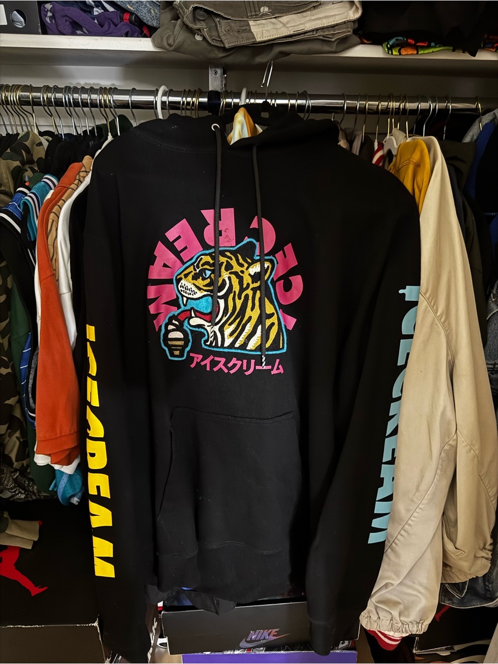 Icecream Black Hoodie with Multicolor Tiger Graphic